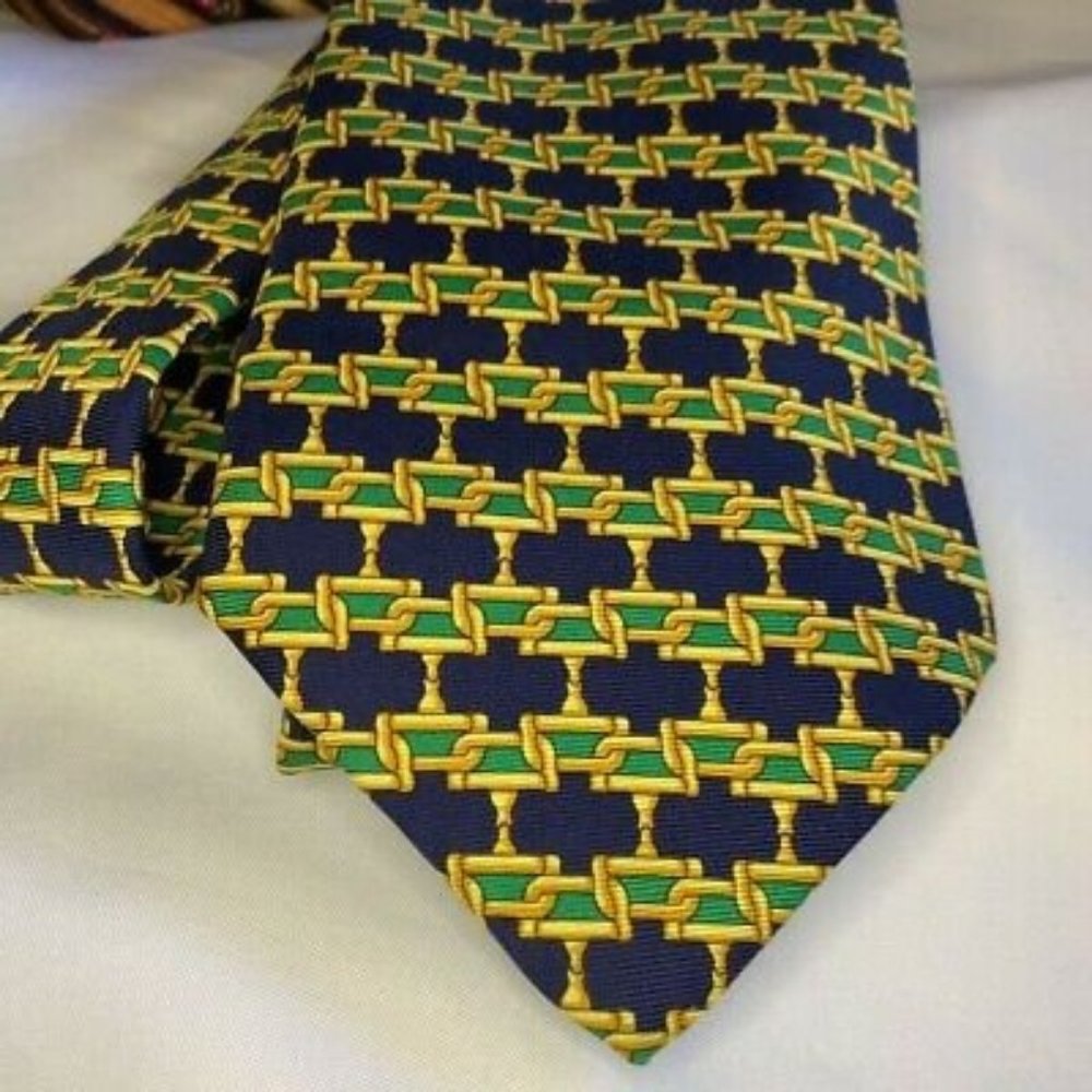 Burberrys Men Tie Blue Green Gold Chain Motif Neck